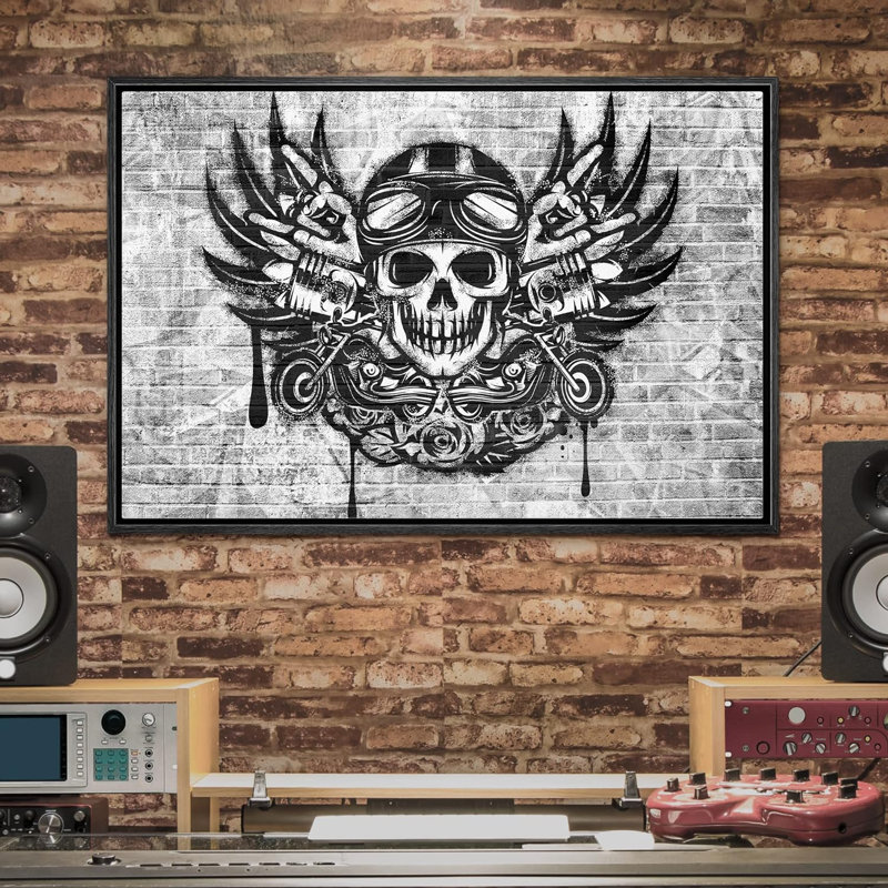 «Black & White», peinture à l'aérosol, crâne de motard, graffiti et art urbain, art moderne urbain foncé sur toile