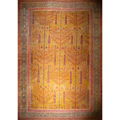 Bright Gold Color Antique Tribal Cypress Tree Weeping Willow Design Large Turkish Oushak Rug