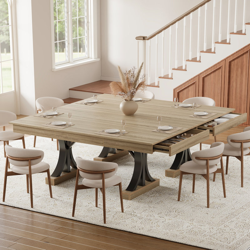 71 Inch Rectangular Dining Table with 2 Drawers, Large Wooden Kitchen Table for 6-8 People, Sturdy Double Pedestal Base, Natural