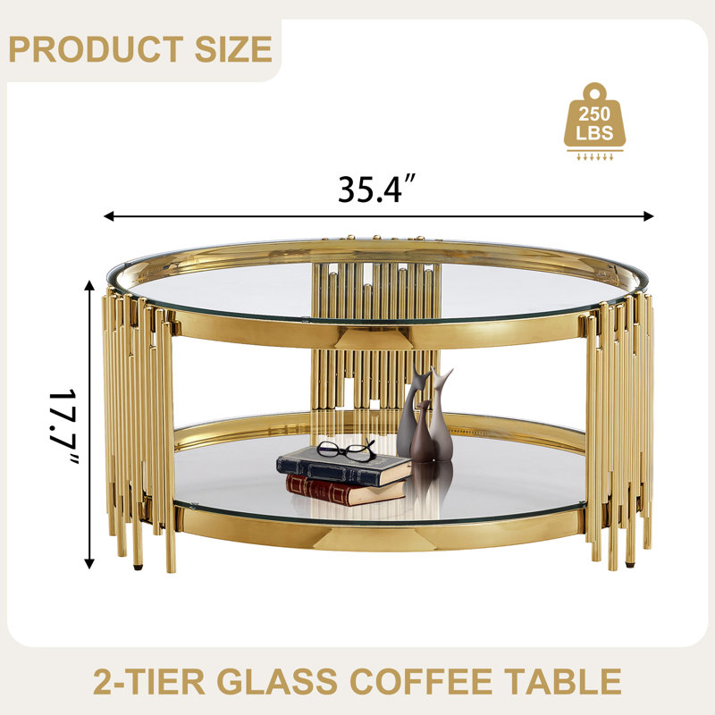 Modern Round Glass Coffee Table, 35.43” Two-Tier Tempered Glass Top And Irregular Cylindrical Stainless Steel Tube Frame