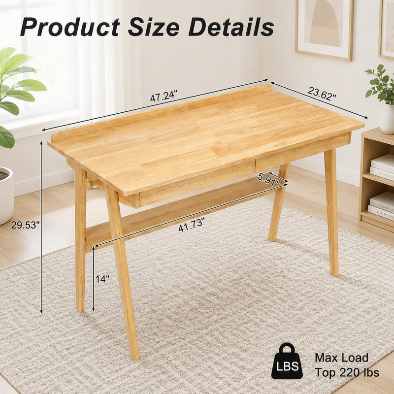 Bureau en bois massif avec 2 tiroirs, Bois