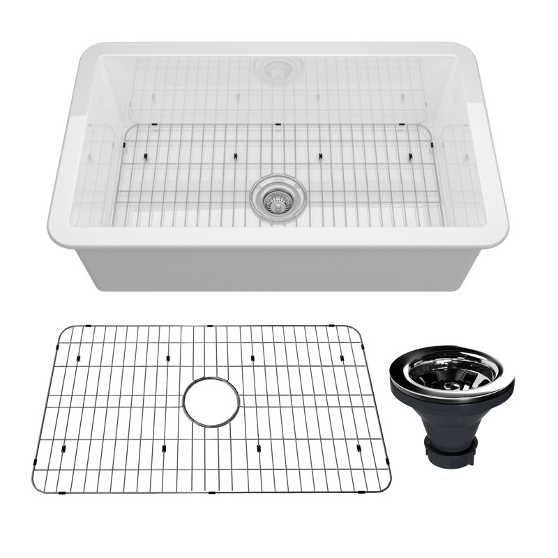 Évier de cuisine à simple cuve en argile réfractaire avec grille d'évier L 32 po x l 19 po, Blanc