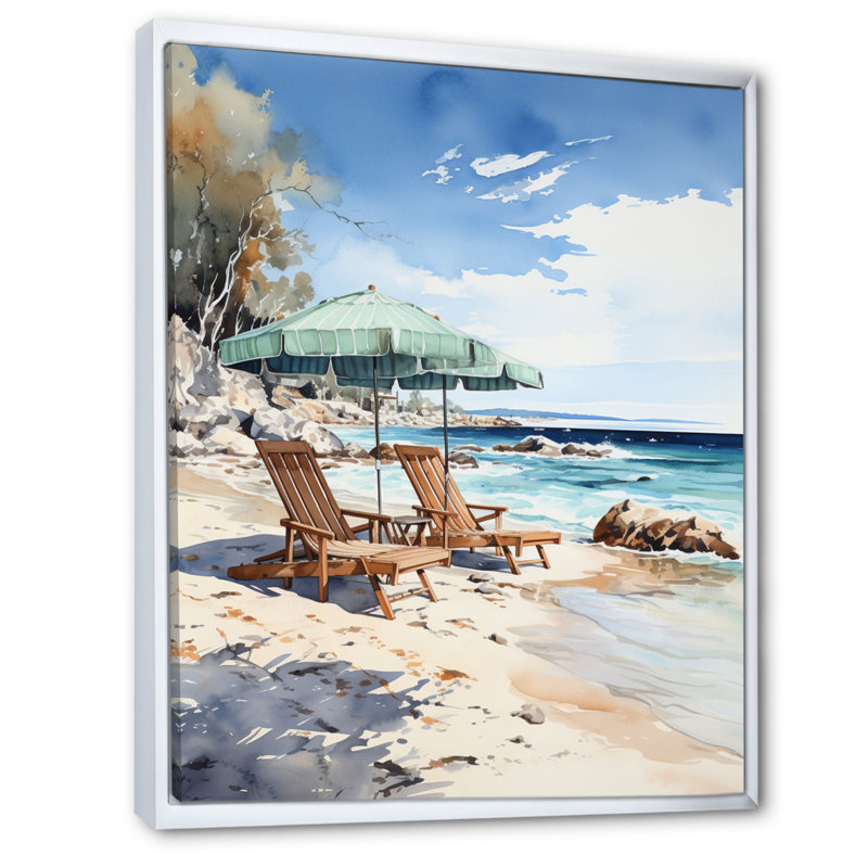 " Beach Chairs Scenery I ", White Floater Framed, 32" H x 24" W x 1" D