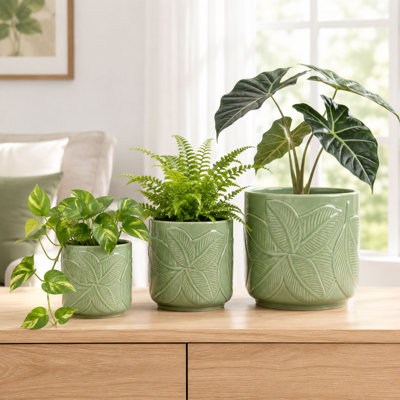 Ensemble de 3 pots à plantes en céramique verts avec trous de drainage