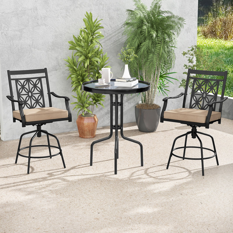 Ensemble de 2 tabourets de bar pivotants pour patio, chaises de bar à hauteur de comptoir d'extérieur avec coussins de siège, dossier haut et accoudoirs robustes, structure en métal robuste