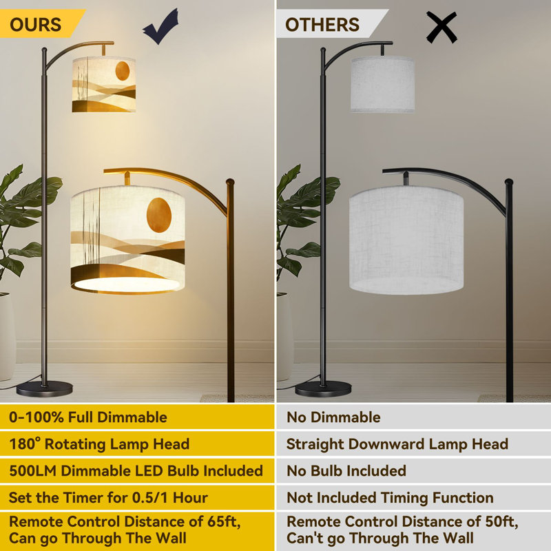 Arc Floor Lamp Abstract Landscape Orange Sun Curved Earth Tones Floor Lamps with Remote LED Lights Adjustable Lamp Shades Tall Standing Lamps for Reading Office Living Room
