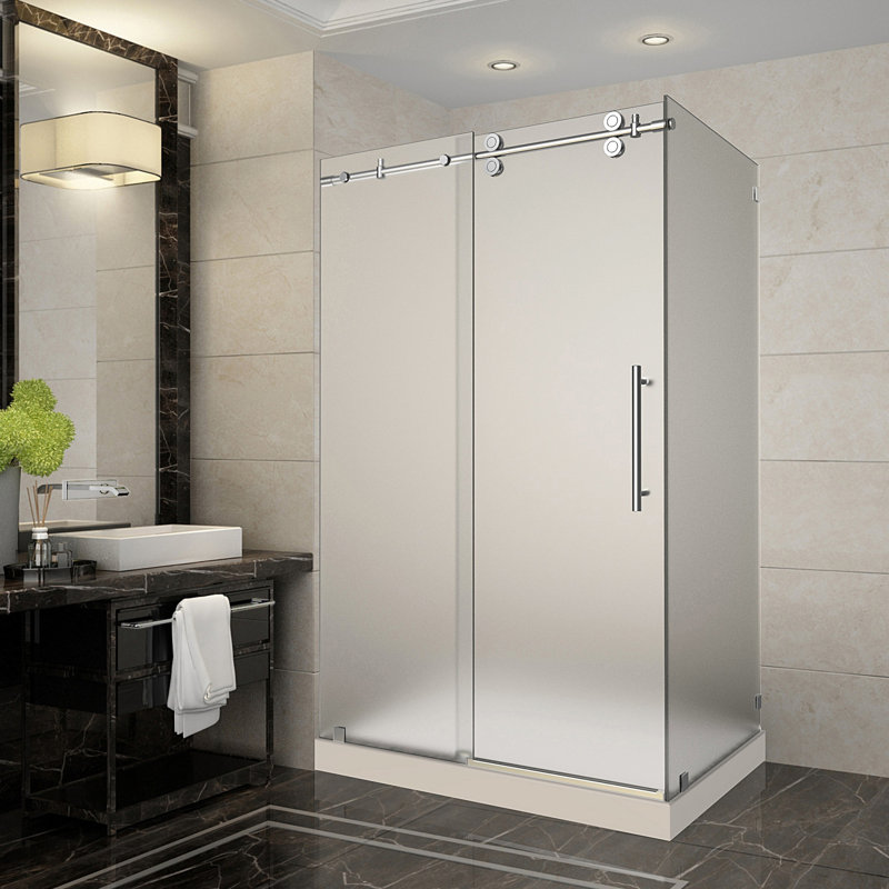Langham 48" W x 35" D x 77.5" H Frameless Rectangle Sliding Shower enclosure with Base Included, Chrome, Left