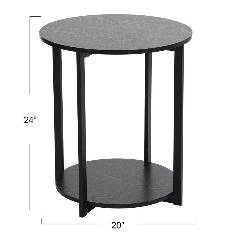 Jamestown Round Side End Table with Storage Shelf Black Oak Wood Grain and Black Metal Frame, Black