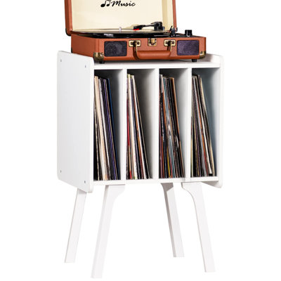 Record Player Stand,Vinyl Record Storage Table With 4 Cabinet Up To 100 Albums,Mid-Century Modern Turntable Stand With Wood Legs,White Vinyl Holder Display Shelf For Bedroom Living Room