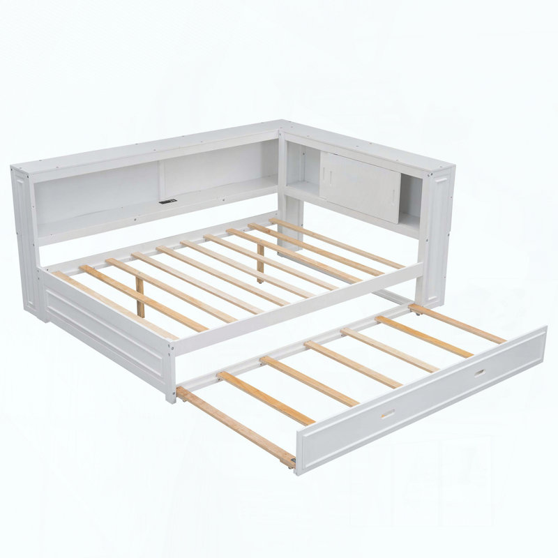 Lit de jour en bois pleine grandeur avec tablettes de rangement, USB, DEL et lit gigogne, Double, Blanc