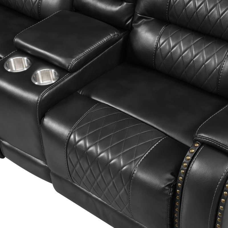 113.5" Manual Reclining Sectional Sofa Set L Shaped Symmetrical Motion Sofa Corner Couch Sets With Storage Boxes, 4 Cup Holders And LED Light Strip