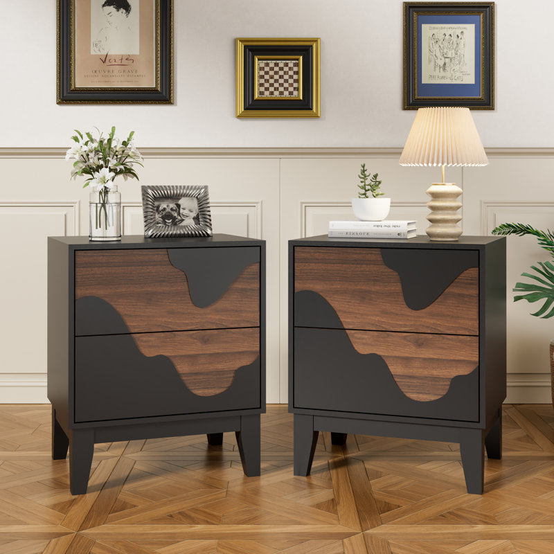 17.7“W Flowing Water Geometry Nightstand, Black