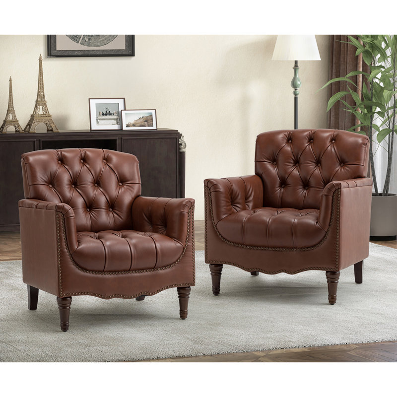 Annja 32" W Tufted Genuine Leather Armchair, Brown