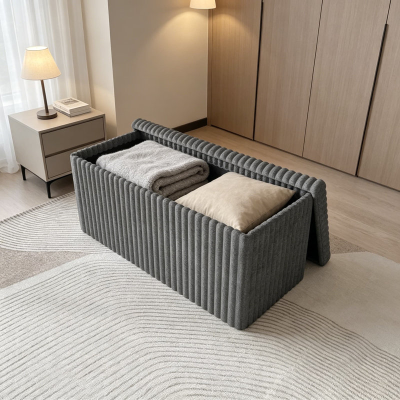Banc de rangement pliant rembourré 30 pouces avec dessus capitonné, compartiment caché, tissu en velours côtelé gris Florence
