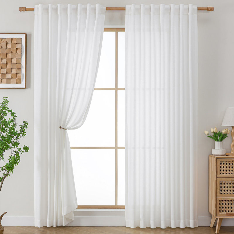 Rideaux en lin naturel de 84 po de long, 2 panneaux filtrant la lumière, passe-tringle et languette arrière, l 52 po x L 84 po, blanc