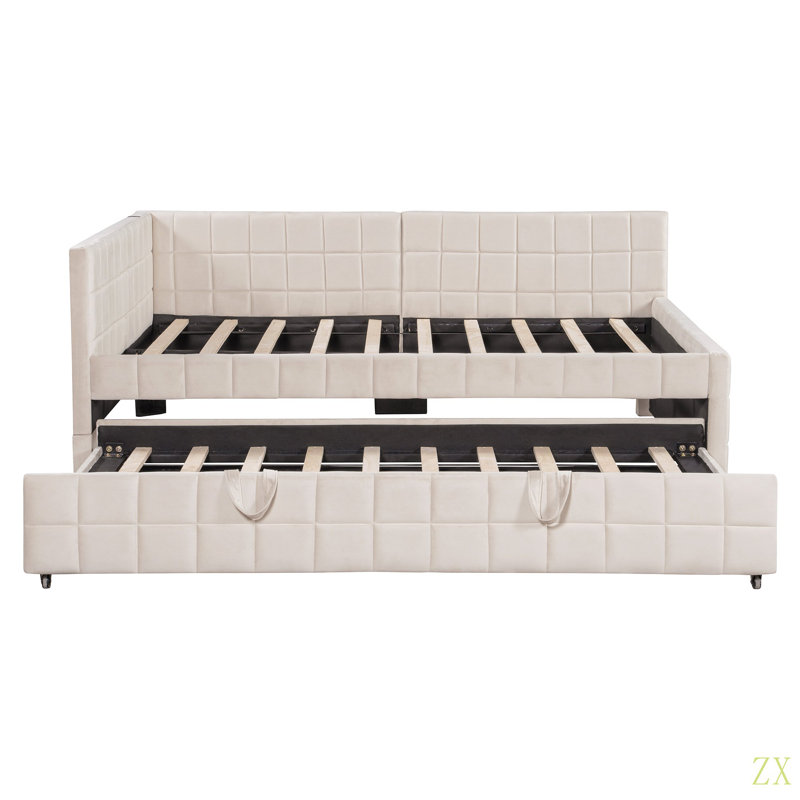 Full Size Upholstered L-Shaped Upholstered Daybed With Twin Size Pop Up Trundle And USB Ports