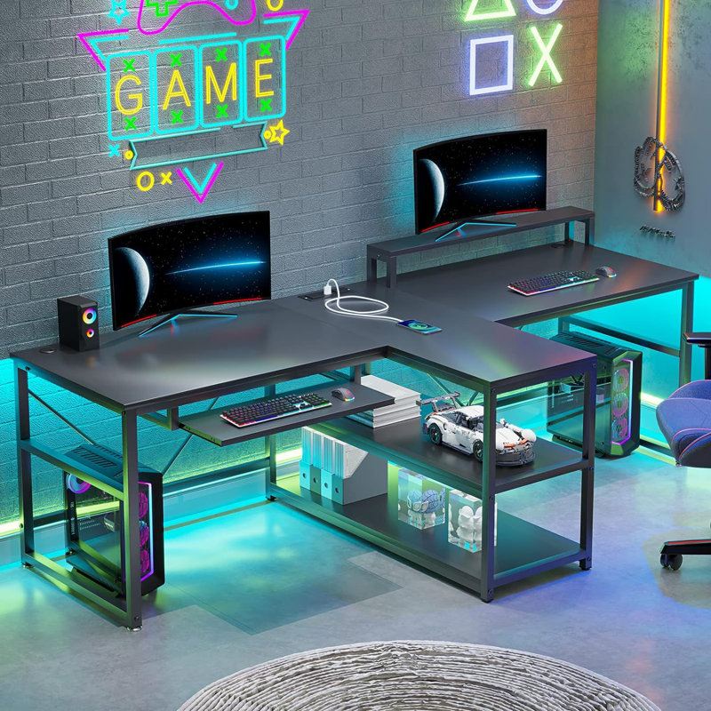 Kolya Modular Iron Computer Desk with Built-In Electrical Outlet, Black