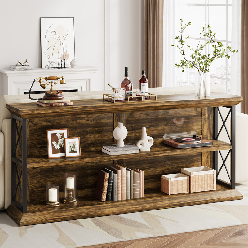 Console 63 po brune, table d'entrée industrielle à 3 niveaux avec tablettes de rangement, support en métal à structure en X, table de canapé pour le salon, le couloir et le vestibule