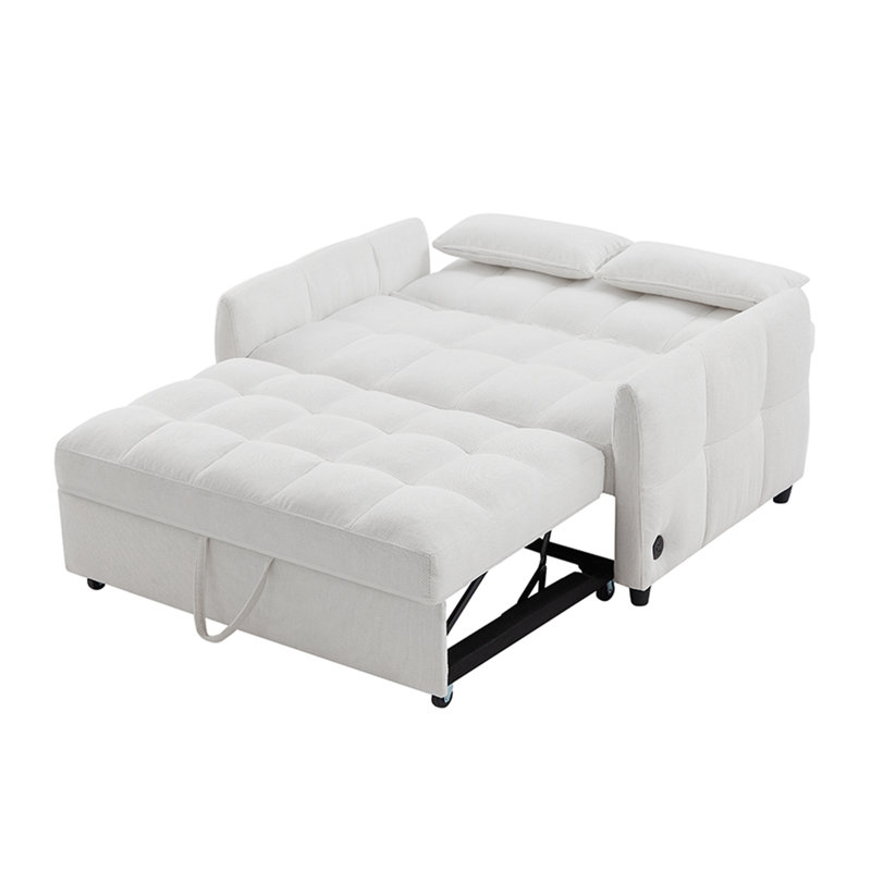 Canapé-lit coulissant de 52,9 po avec dossier réglable, ports USB, conception capitonnée et deux coussins lombaires, Beige