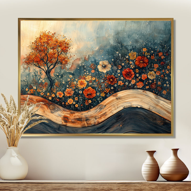 Indara, fleurs sauvages et jardin de cactus au désert - Art mural fleurs sauvages, H 16 po x l 32 po, Doré