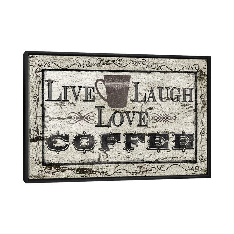 «Live, Laugh, Love, Coffee», art textuel sur toile, H 18 po x l 26 po x P 1,5 po, Toile avec cadre noir, Pas de tapis