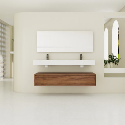 Meuble-lavabo mural de 60 po avec lavabo en résine, tiroir à fermeture en douceur et fixation flottante