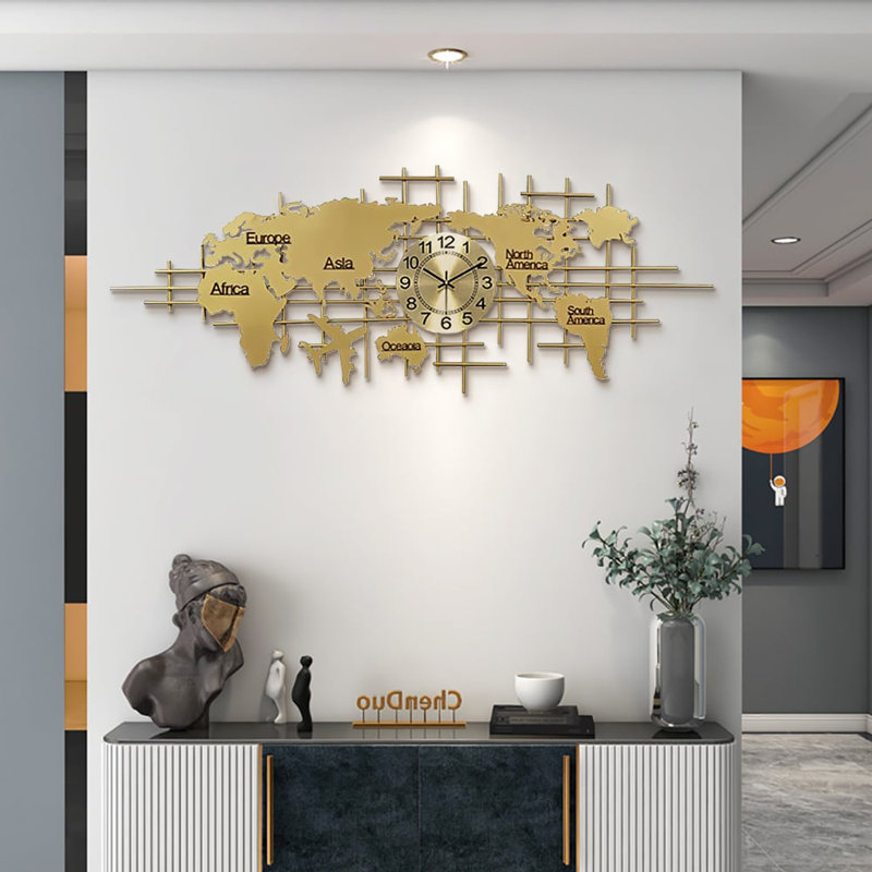 59" X 23" Luxury Oversized World Map Wall Clock Golden Metal Home Decor