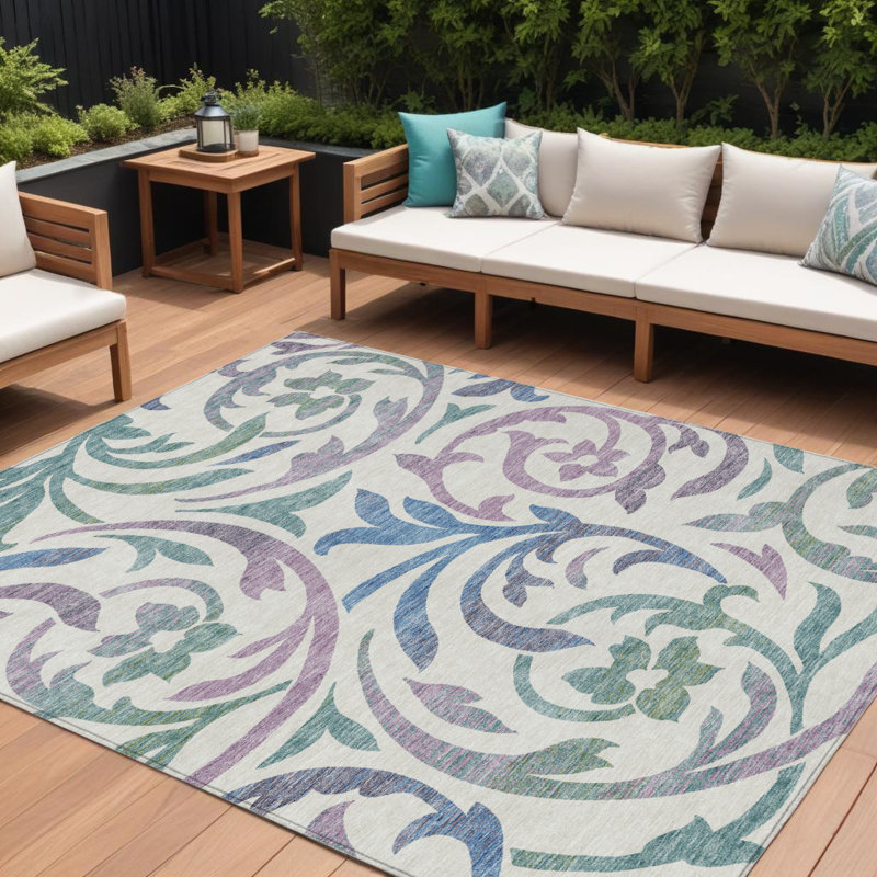 Tapis intérieur lavable floral 8 pi x 10 pi blanc mauve et sauge