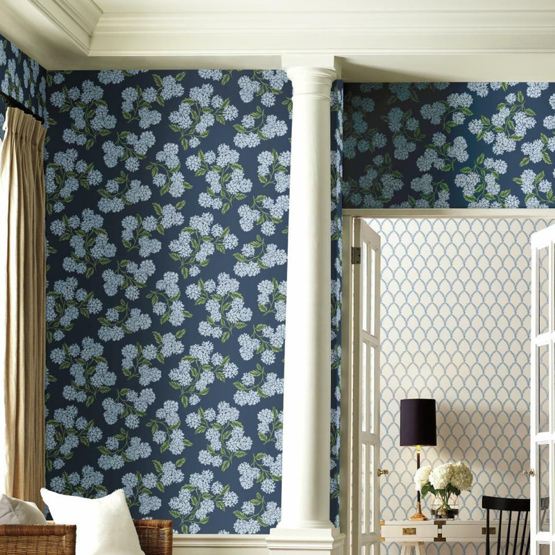 Hydrangea 27' x 27" Wallpaper, Navy/White