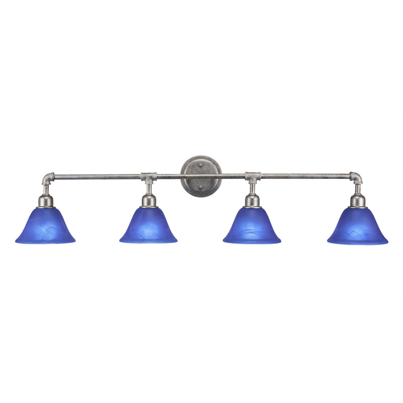 Barre d'éclairage de salle de bain 4 lumières Higgenbotham Vintage avec verre bleu italien de 7 po, Argent vieilli