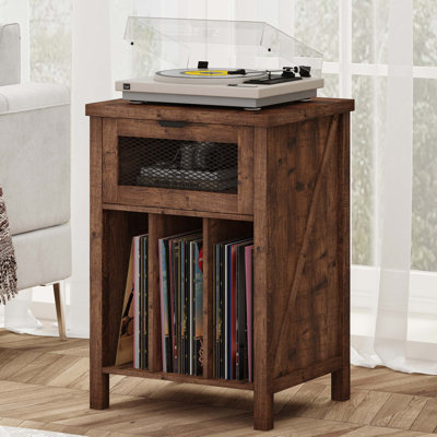 Aust Record Player Stand With Drawer, End Table With 2 Adjustable Dividers For Living Room, Bedroom, Office