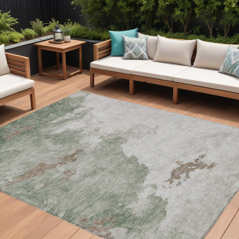 Tapis extérieur lavable abstrait 10 pi x 14 pi vert et lin artichaut