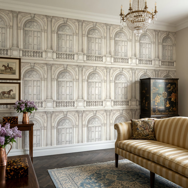 Panneau de façade néoclassique avec fenêtres arquées European Palace, Non-Woven Nonpasted, 160 po x 108 po