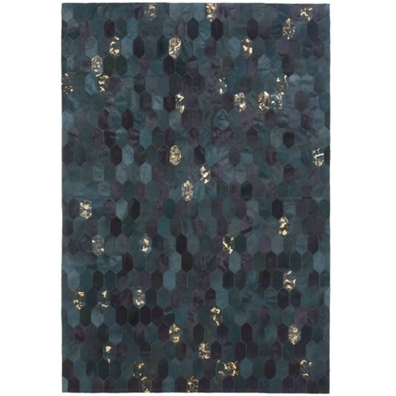 Tapis bleu sarcelle géométrique en cuir de vache foncé, Rectangle 6 pi 7 po x 9 pi 8 po