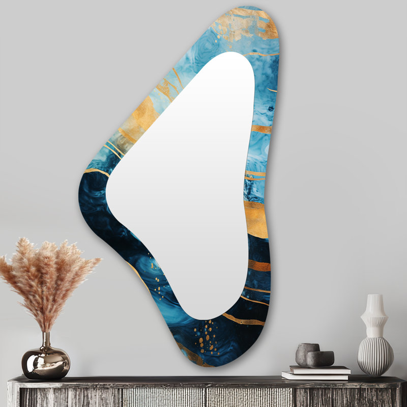 Blue Sparkling Glam Gold Streams - Miroir mural moderne à vagues abstraites aux formes asymétriques