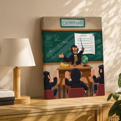 Toile, scène de salle de classe fantaisiste mettant en vedette un enseignant de chimpanzé