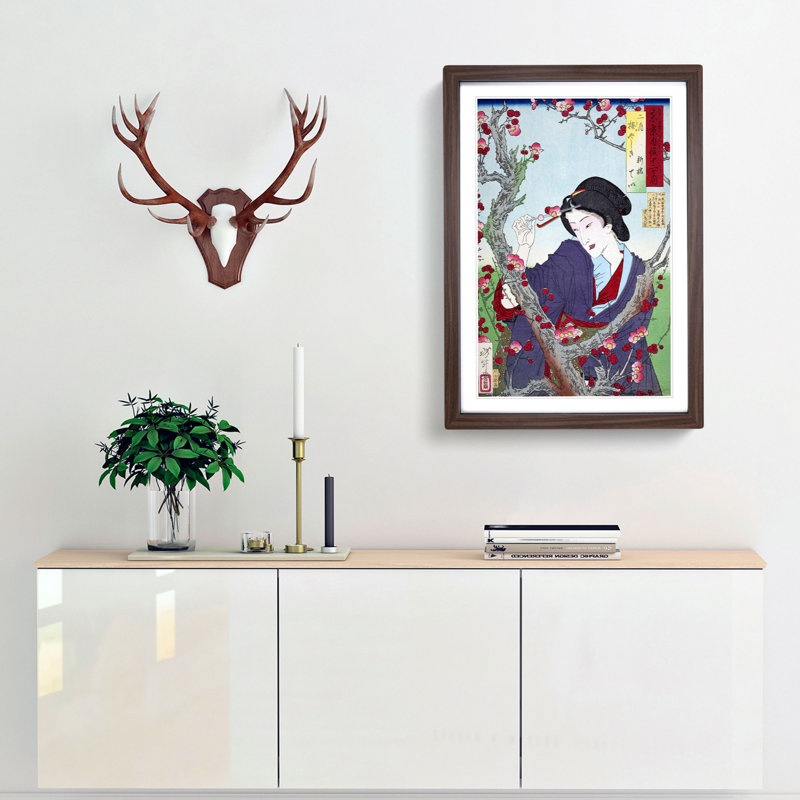 Woman by a Plum Tree by Tsukioka Yoshitoshi - Framed Print, 48cm H x 36cm W x 2cm D, Walnut Framed
