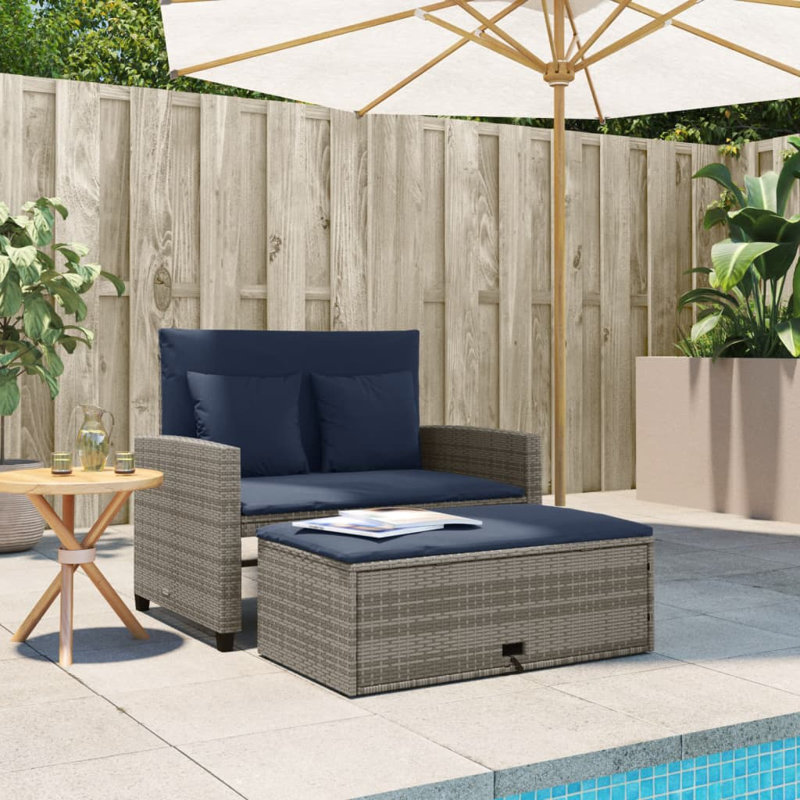Canapé de patio en rotin 2 places Ebern Designs, Gris, Bleu marine