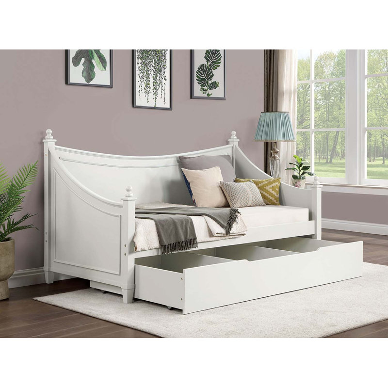 Transitional Style Twin Daybed with Molding Design, White Finish, Mattress Ready, Poster Design with Finials, Solid Wood Structure