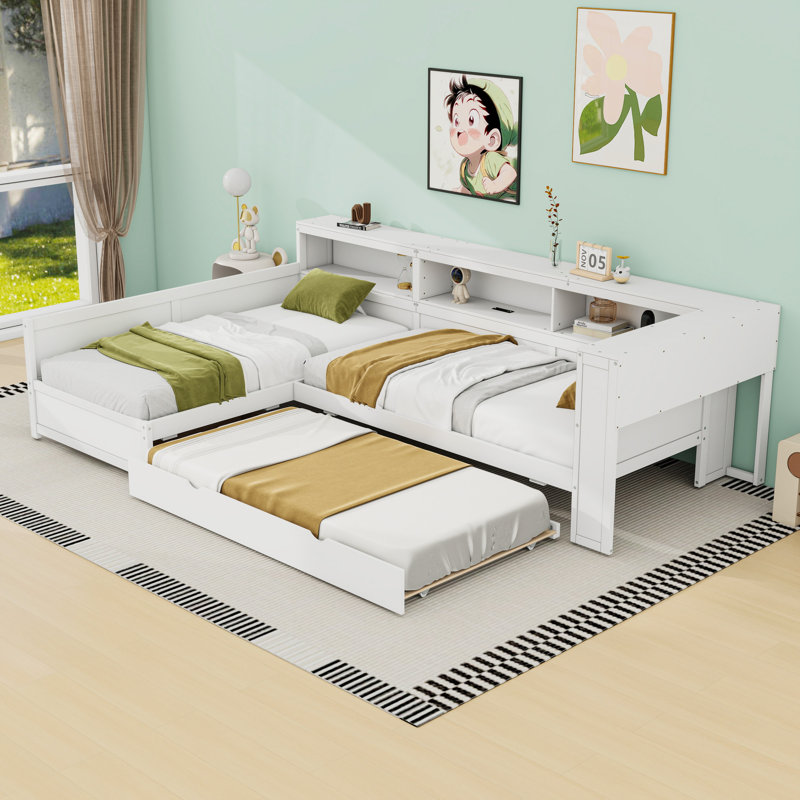 Lit plateforme simple en bois avec tablettes, tiroir, lit gigogne et station de charge, Blanc