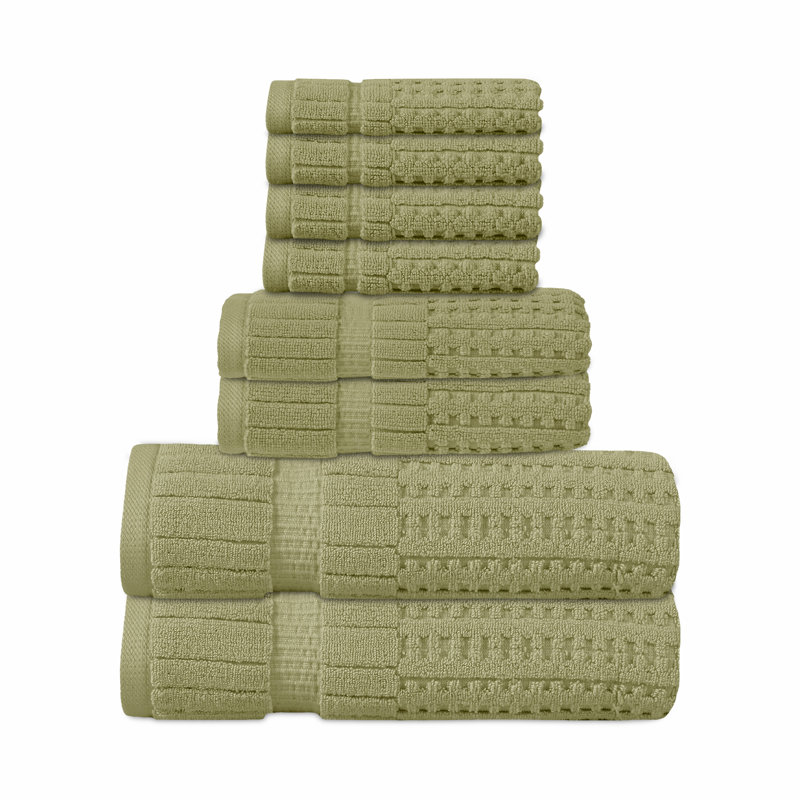 Willow 8 Pieces Towel Set – 100% Combed Cotton, Premium Quality 630 GSM, Green, Ultra-Soft & Highly Absorbent (2 Bath, 2 Hand, 4 Wash Towels set)