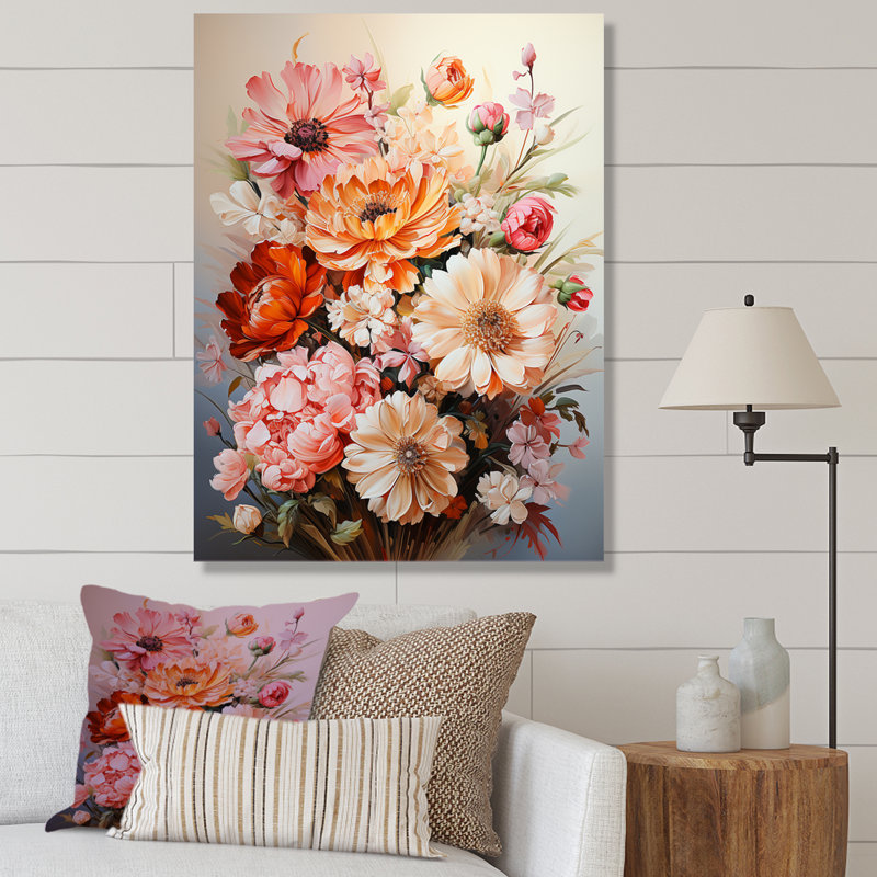 Fleurs saisonnières, coucher de soleil sur toile, H 40 po x l 30 po x P 1,5 po, Toile tendue