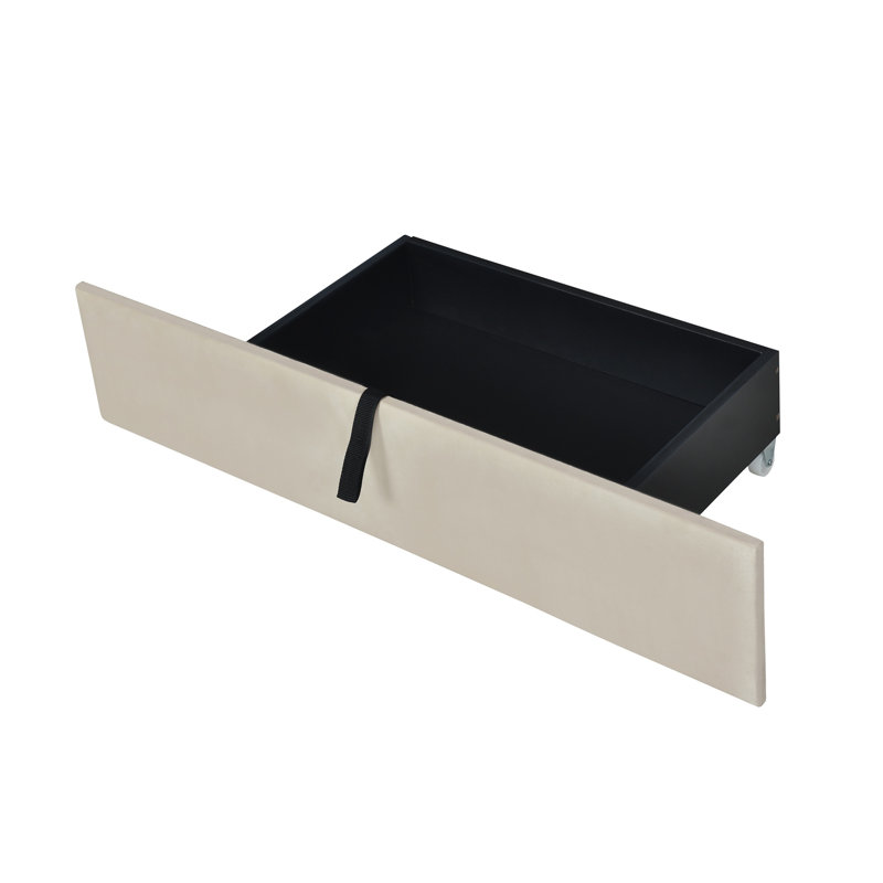 Grand lit plateforme tapissier en velours avec lit gigogne simple et tiroirs de rangement - beige
