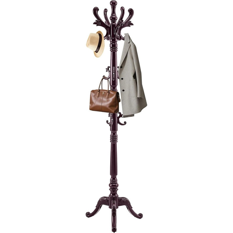 Porte-manteau vintage en bois massif, arbre à vêtements autoportant avec 14 crochets, base triangulaire robuste, cintre sculpté à la main pour entrée, chambre et bureau