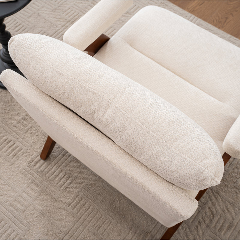 Chaise d'appoint rembourrée de style Mid-Century avec pieds en bois massif, Ivoire ivoire