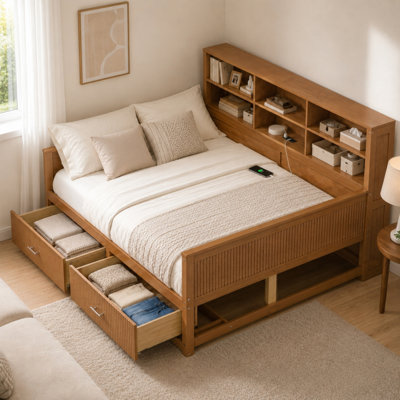 Lit de jour en bois massif, design à panneaux cannelés, avec 6 étagères de rangement de chevet et 2 tiroirs de rangement, station de recharge, sommier à lattes en bois, sans sommier tapissier, finition noyer.