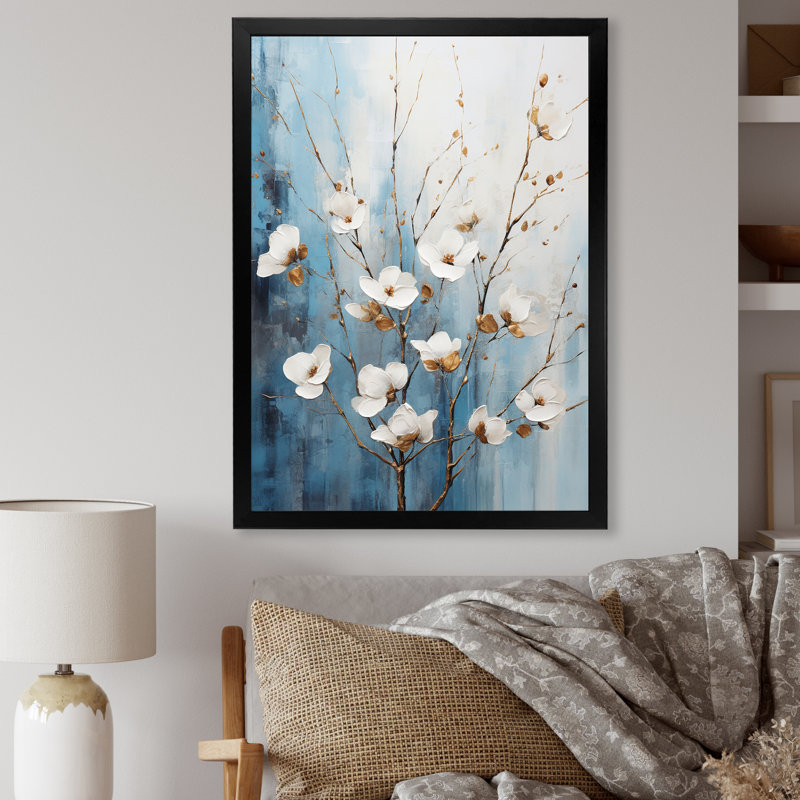 Dogwood blanc et bleu Peacefulness II - impression, H 32 po x l 24 po x P 1 po, Cadre simple noir