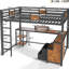 Lit mezzanine simple en métal noir TG avec bureau d'étude et tiroirs de rangement en tissu, zone de configuration de sommeil silencieux, réduction du bruit pour