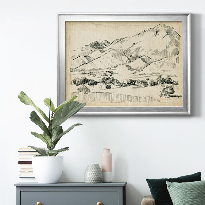 Croquis de montagne I, Papier avec cadre argenté, H 18,5 po x l 24,5 po x P 1 po, Pas de tapis