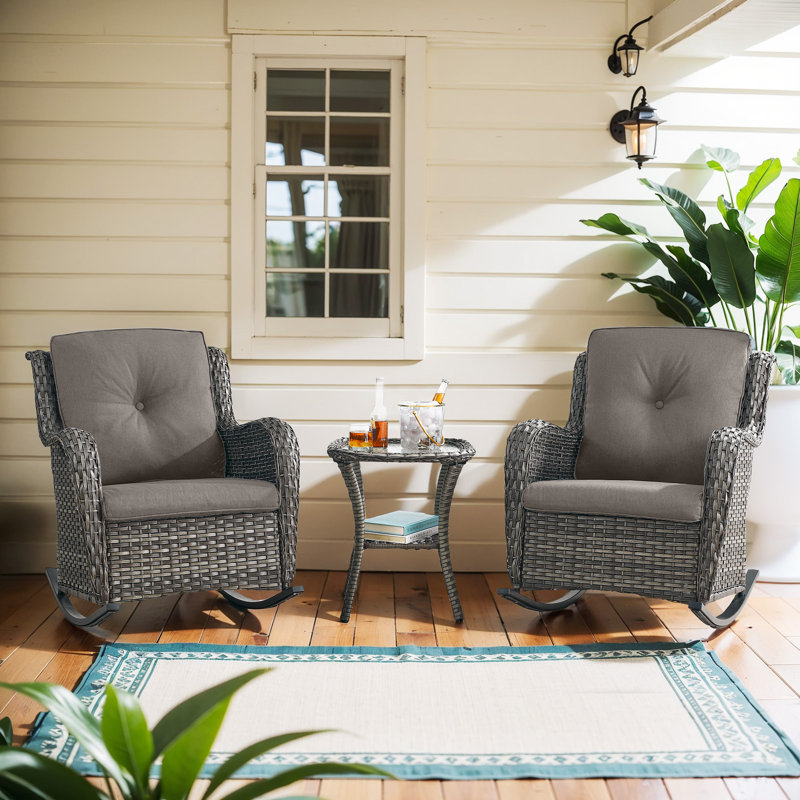 Ensemble de chaises berçantes d'extérieur en osier avec table d'appoint Bonia, Gris, Gris